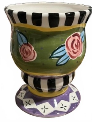 Vintage 1997 CBK Ltd. Ceramic Decorative Vase with Floral and Stripe Design