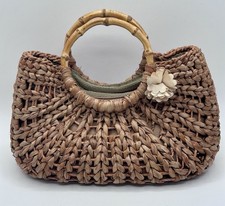 Woven Straw Handbag Bamboo Handles Boho Summer Beach Tote Purse 9" x 12"