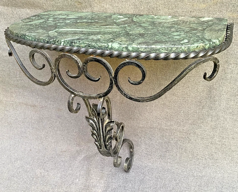 Mesa consola francesa antigua grande principios de 1900 hierro forjado mármol Foto 2 de 4