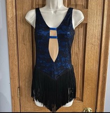 THE LINE UP CUSTOM Sassy Fringe Blue Black Lace Leotard Dance Costume Medium MA