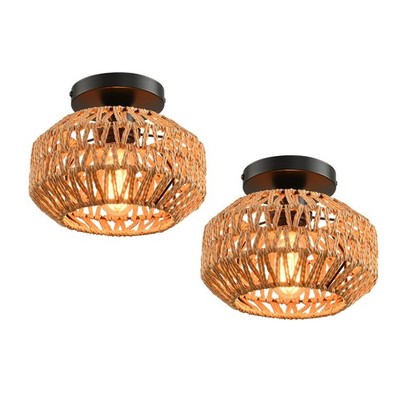2 Stück Bauernhaus Leuchten Deckenhalterung, Mini Rattan Boho Semi Flush Mou...