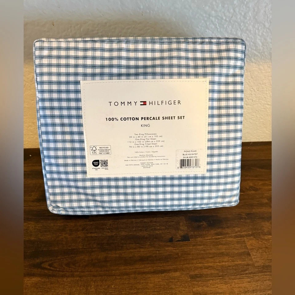 NUEVO Juego de Sábanas Tommy Hilfiger Talla King 4 Piezas Piedra Percal Azul y Blanco Cuadros Foto 2 de 3
