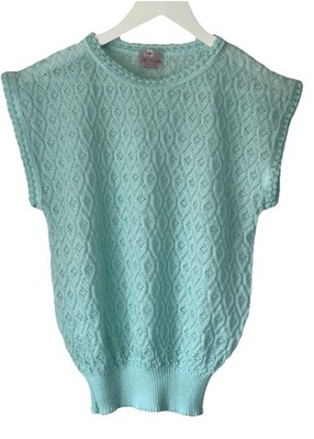 Vintage St Clair mintgrün offen Rauten Strick S/Ärmel Crop Pullover Weste/Tank M