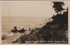 Lake Huron Shore Near Tawas Michigan MI 1928 Beach Brown RPPC Postcard