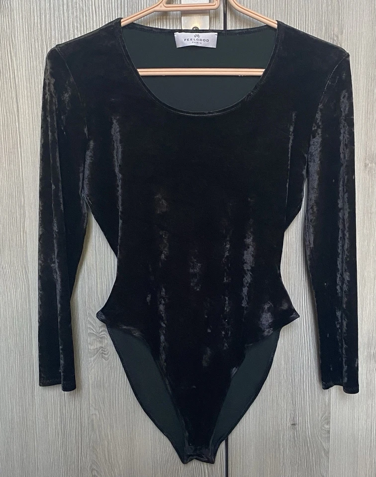 Body velours noir uni ajusté col rond manches longues - Photo 1/1