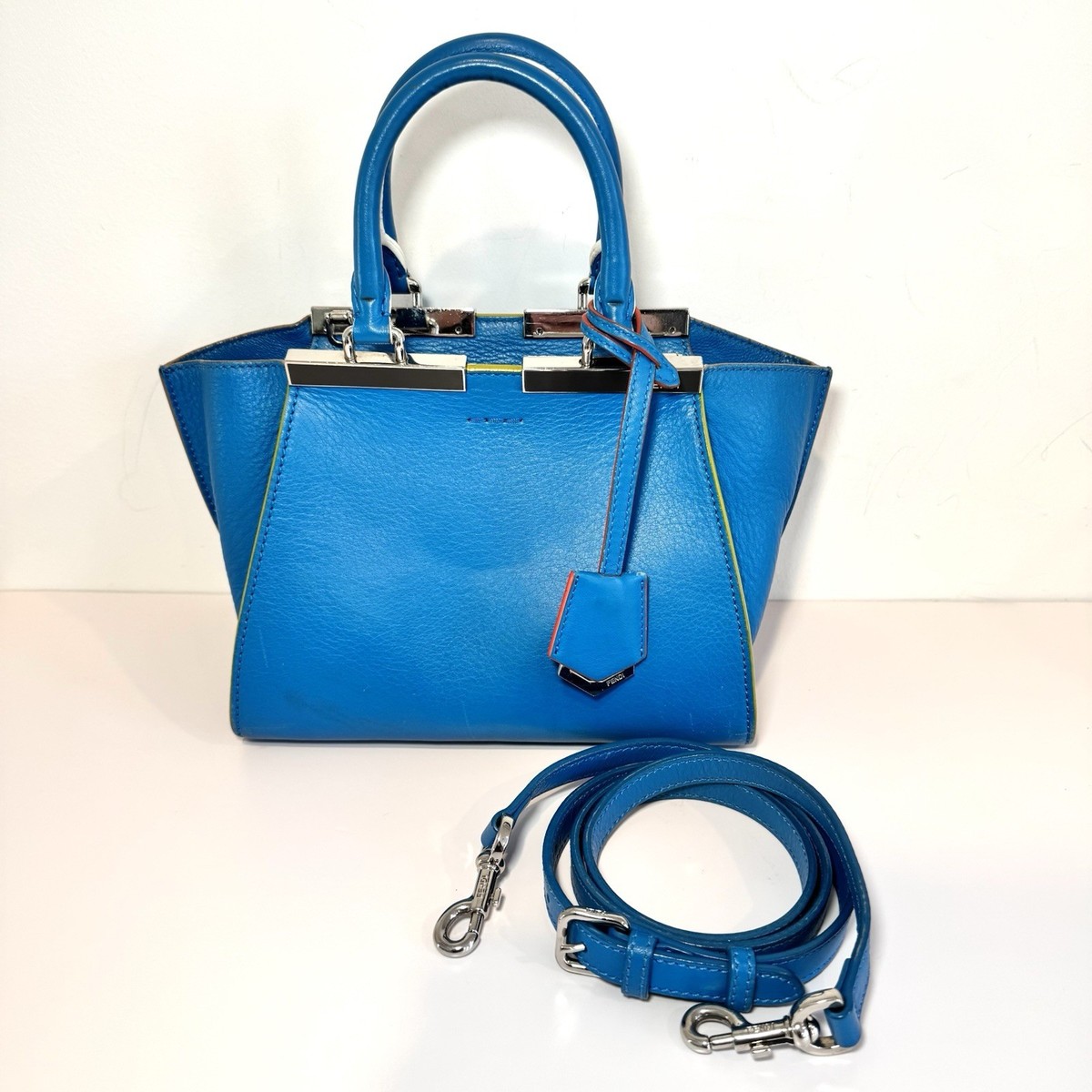 Fendi 3Jours Mini Blue Leather Top Handle Bag W Silver Accent