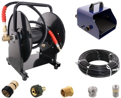 Scheiffer Sewer Jetter Kit - Foot Pedal Hose Reel 1/8'' x 200' Hose and Nozzles