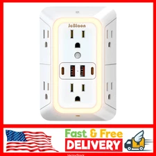 Wall Outlet Extender with Night Light, 6 Outlet Plug Adapter with 4 USB Ports