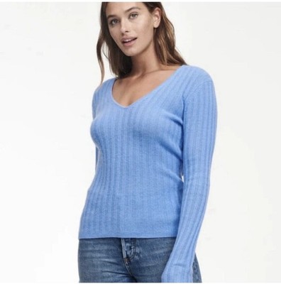 Naadam Cashmere Ribbed Knit V-Neck Long Sleeve Sweater Cornflower Blue XL