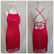 BEBE Dress Flapper Fringe Raspberry Pink Body Con Bare Back Lace Up Sexy Sz S