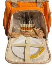Picnic Tote Bag with Flatware Set for Two, Plates, Napkins Wine Glasses