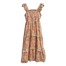 Haute Hippie Sun Dress Womens 8 Pink Floral Smock Tiered Maxi Spring Easter