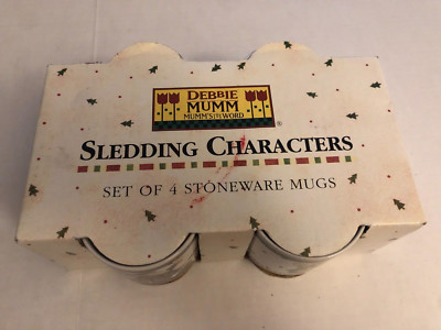 Debbie Mumm sledding characters mugs new set of four stoneware Sakura Christmas