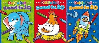 DOT TO DOT COLOURING ACTIVITY 3 BOOK SET, COUNTING TO 10, 20, 50 A4 BRAND NEW