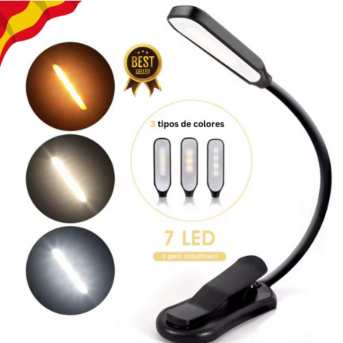 Luz de lectura recargable por USB, 7 LED, 3 niveles, flexible 360°