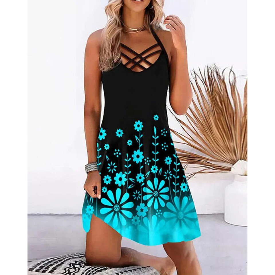 Womens Strappy Boho Floral Mini Sun Dress Ladies Holiday Summer Beach
