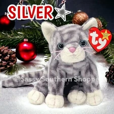❤️ 1999 SILVER Grey Striped Tabby CAT Ty Beanie Babies *MWMT*