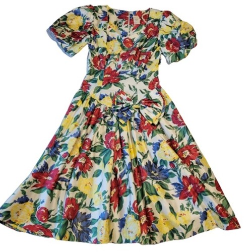 prendisole manica a sbuffo vintage anni 80 bianco floreale cotone lucido vita bassa - Foto 2 di 14