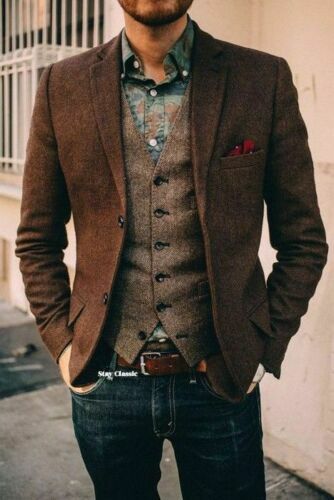 Vintage Brown Herringbone Wool Blend Vintage Suits With Vest 2 Button Jacket New - Picture 3 of 19