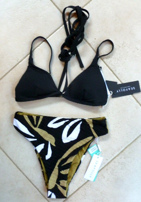 Seafolly Bikini 10/8 Black Tri Bra Wrap Strap 10 & Laguna Hi Rise Pant 8