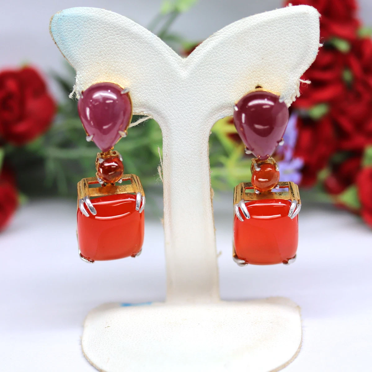 NATURAL 14X19mm. ORANGE CARNELIAN RUBY SPESSARTITE GARNET EARRINGS 925 SILVER