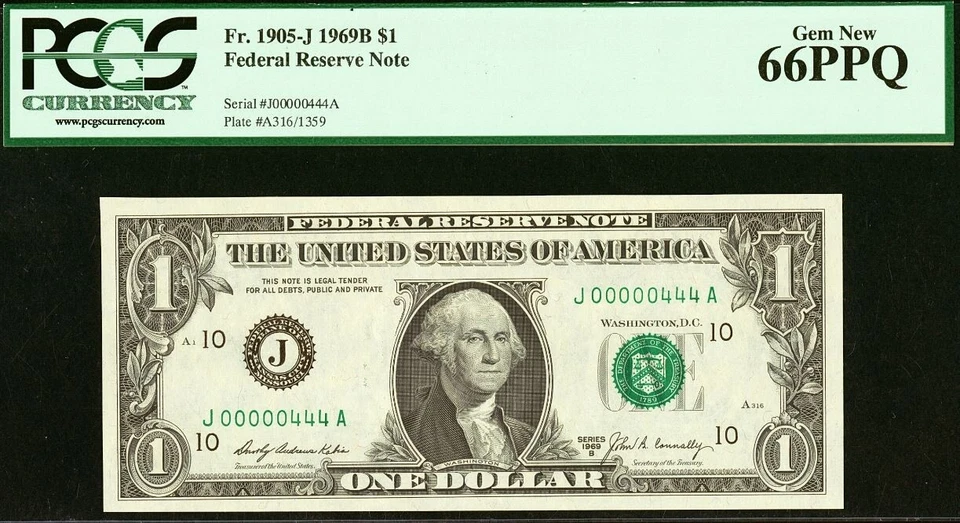 1969B $1 Kansas City FRN PCGS 66PPQ fancy low serial number 00000444 - Image 2 of 3