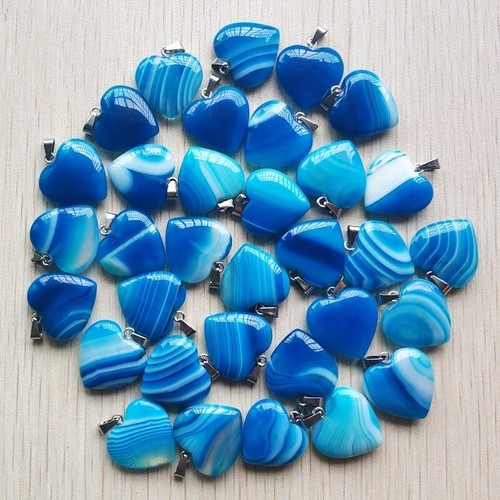 Wholesale 50pcs Blue Stripe Agate Heart Shape Pendants for Jewelry