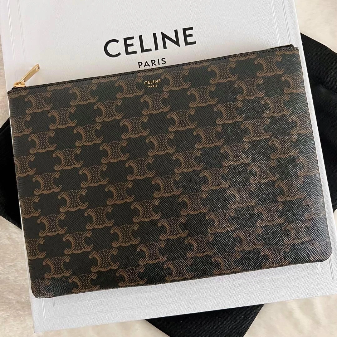 Auth CELINE Clutch Second Bag Pouch Triomphe Canvas Black Used