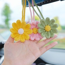 Crochet Daisy Car Mirror Hanging Accessory, Boho Rear View Charm,Cute Charm Gift