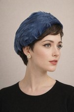 Vintage Blue Feather Cloche Hat Lace Interior Mid-Century Style