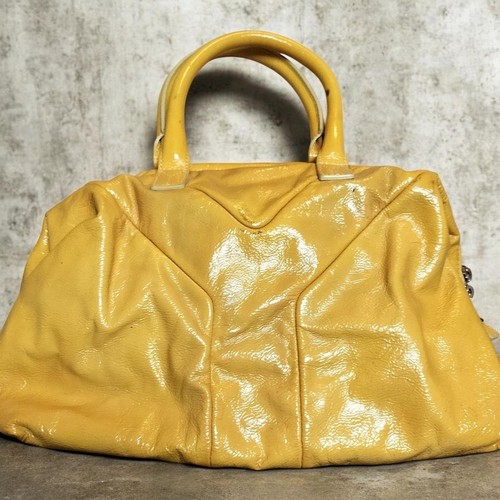 YVES SAINT LAURENT Yellow Patent Leather Handbag Y Logo Bag Y2K Easy ShoulderBag