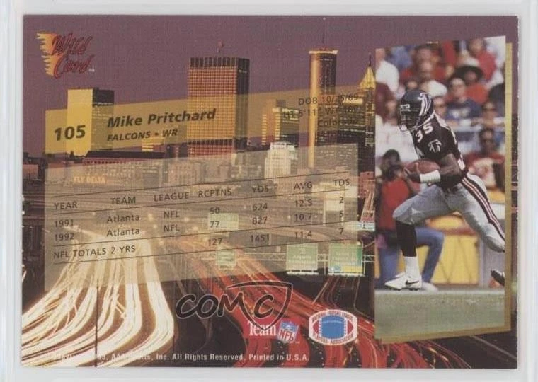 1993 Wild Card 100 Stripe Mike Pritchard #105 - Image 2 of 2