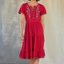 Johnny Was Nya Tiered Knit Embroidered Dress L Red Bohemian Knee Length Beach