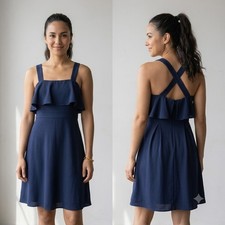 Madewell Navy Blue Ruffle Cross Back Fit and Flare Dress H7281 Womens 6 NWT