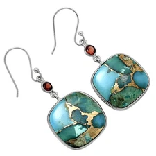 Kingman Copper Teal Turquoise & Garnet 925 Silver Earrings Jewelry E-1002