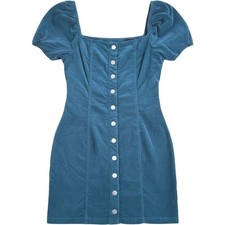 Forever 21 Teal Corduroy Button Front Puff Sleeve Mini Dress Large Retro New