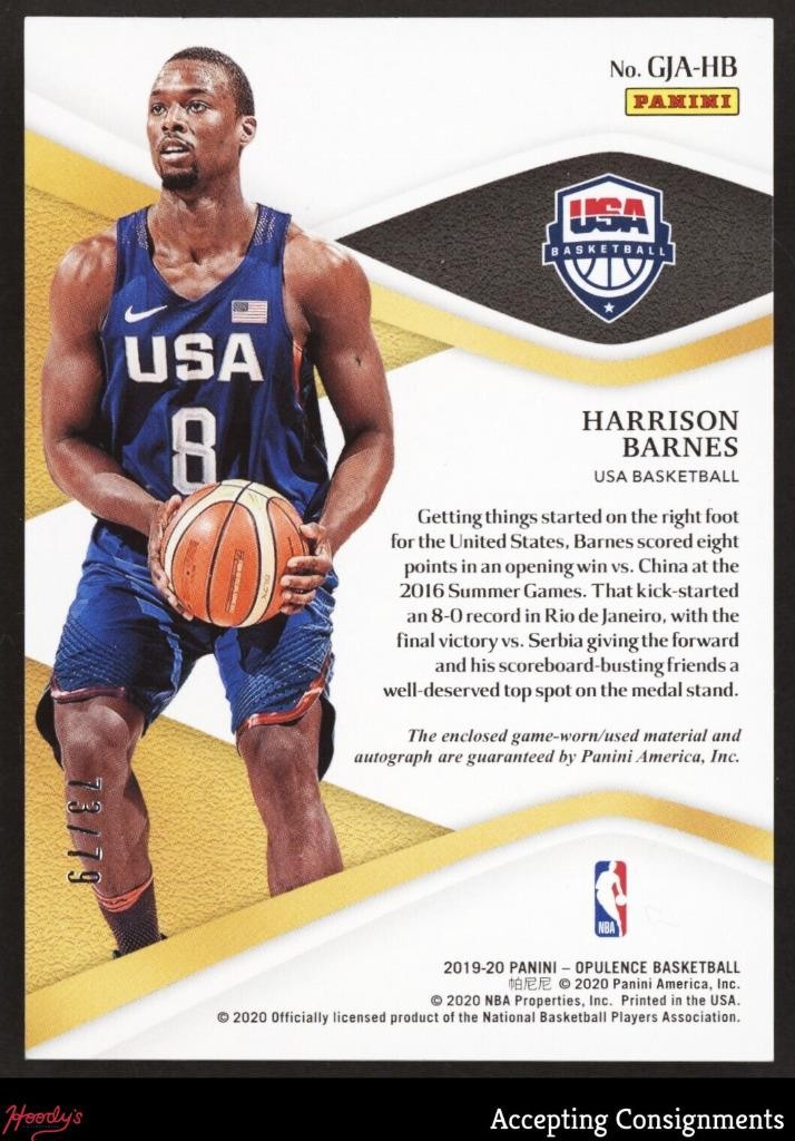 2019-20 Panini Opulence Gold Medal Harrison Barnes GAME USED JERSEY AUTO 73/79 view 2