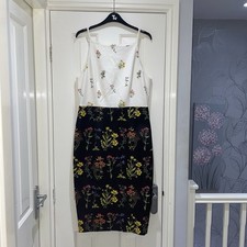 H&M Black White Floral Square Neck Sleeveless Midi Pencil Party Dress UK 16