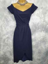 BLUE VANILLA Navy Boat Neck Stretch Slim Fit Wrap Tulip Midi Dress Size 10 S