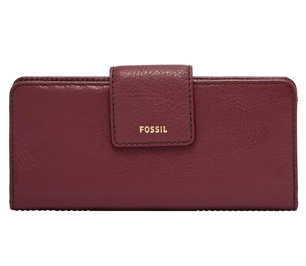 New Fossil Madison Tab Clutch Wallet Leather Wine