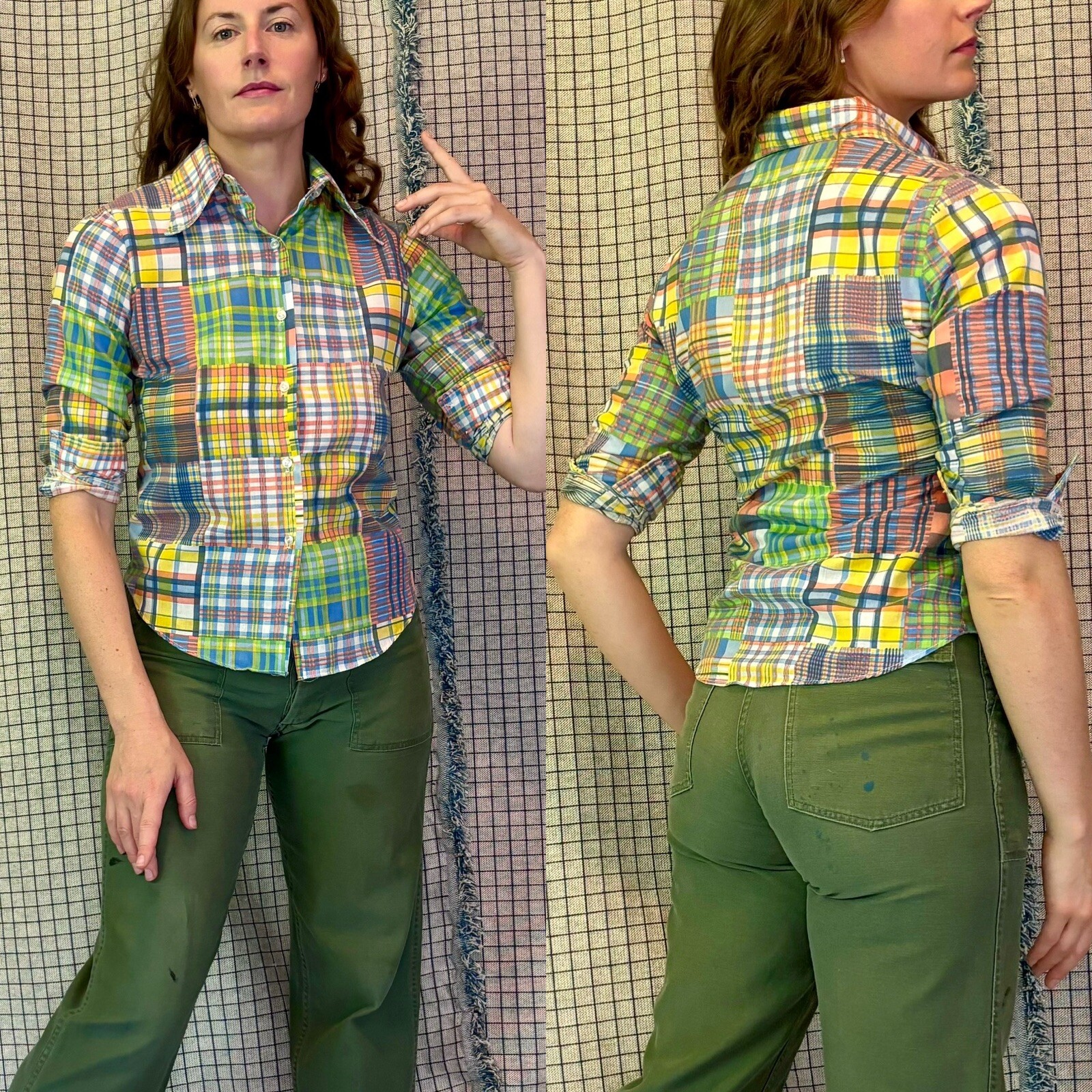 Vintage 70s Plaid Patchwork Button Down Soft Cott… - image 1