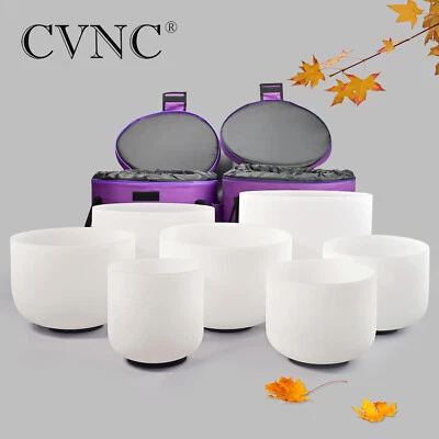 CVNC 432Hz 6"-12" Crystal Singing Bowl Set of 7 Chakra Quartz for Sound Healing