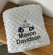 POLICE CAR PERSONALISED EMBROIDERED DIMPLE BABY BLANKET GREY PINK BLUE RED GIFT