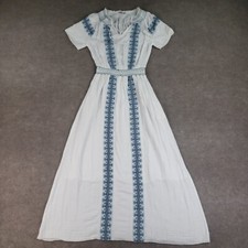 Maxi Vestido Faherty Mujer XS Blanco Azul Catrina Bordado Boho Callado Forrado