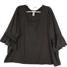Catherines Top Womens 3X Black Slinky Knit Blouse Lace Trim Witchy Goth Boho