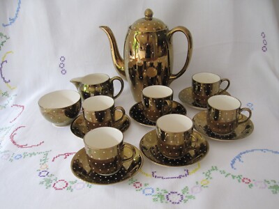 SELTENE GRAUE KERAMIK 1951 KAFFEEKANNE & SET KUPFER GLANZ GEPUNKTET VINTAGE HOCHZEIT