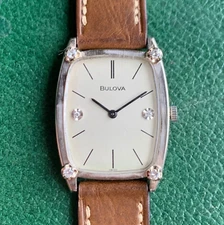 1970 Bulova Diamond Dial 10K White RGP Rectangular Wristwatch