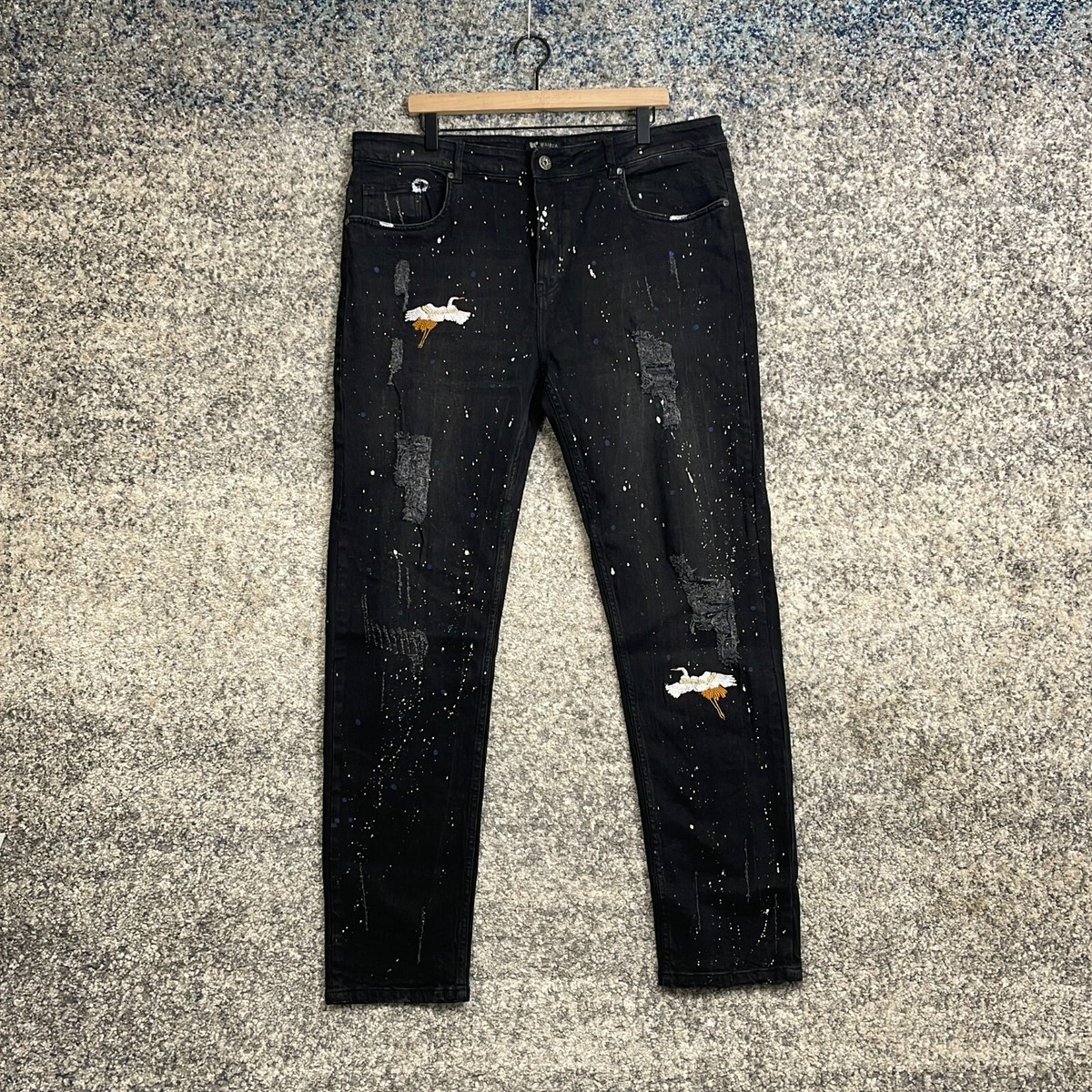Waimea Mens Black Distressed Dark Wash Denim Skinny Leg Jeans Size