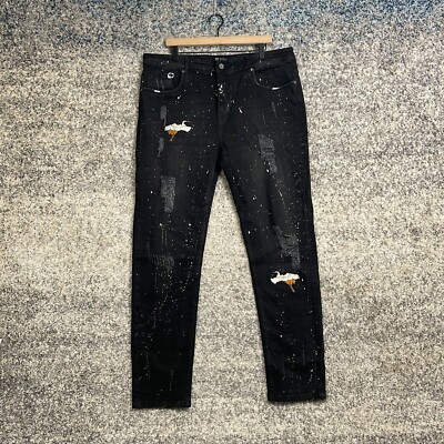 Waimea Mens Black Distressed Dark Wash Denim Skinny Leg Jeans Size