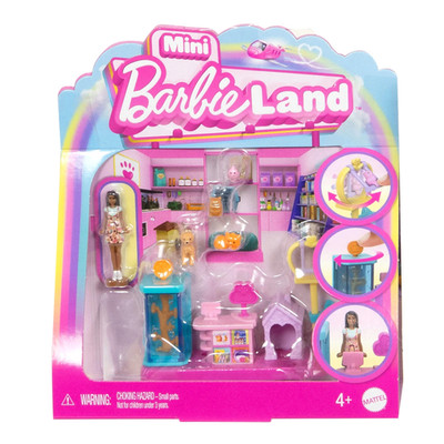 Mini BarbieLand Pet Boutique Playset w/ 1.5'' Doll Fish Tank & Interactive Fun